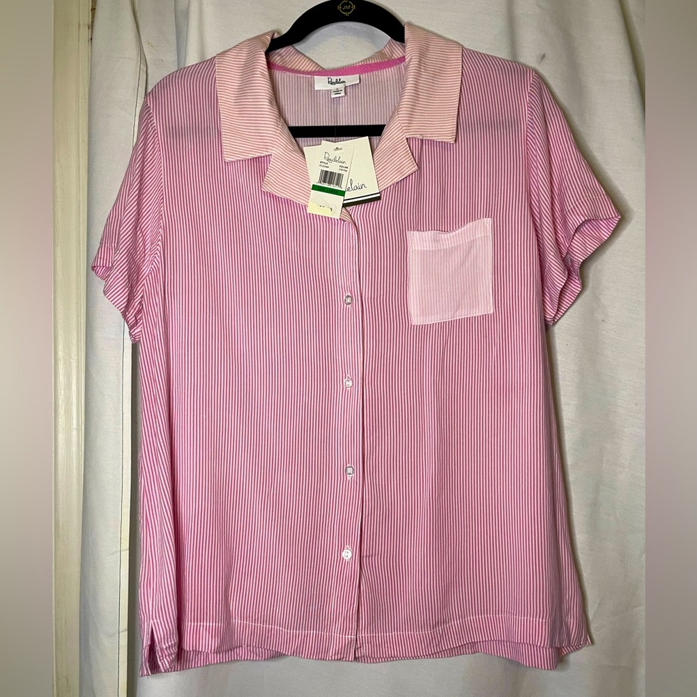 NWT Roudelain Pink & White Stripe Short Sleeve Button Down Pajama Top Size L